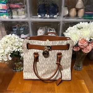 Michael Kors Vanilla and Tan Logo Satchel with Gold Hardware